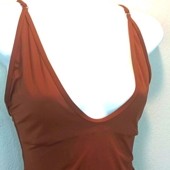 Womens Chocolate Brown Plunge Neckline One-Piece Swimsuit sz XL - Picture 3 of 11